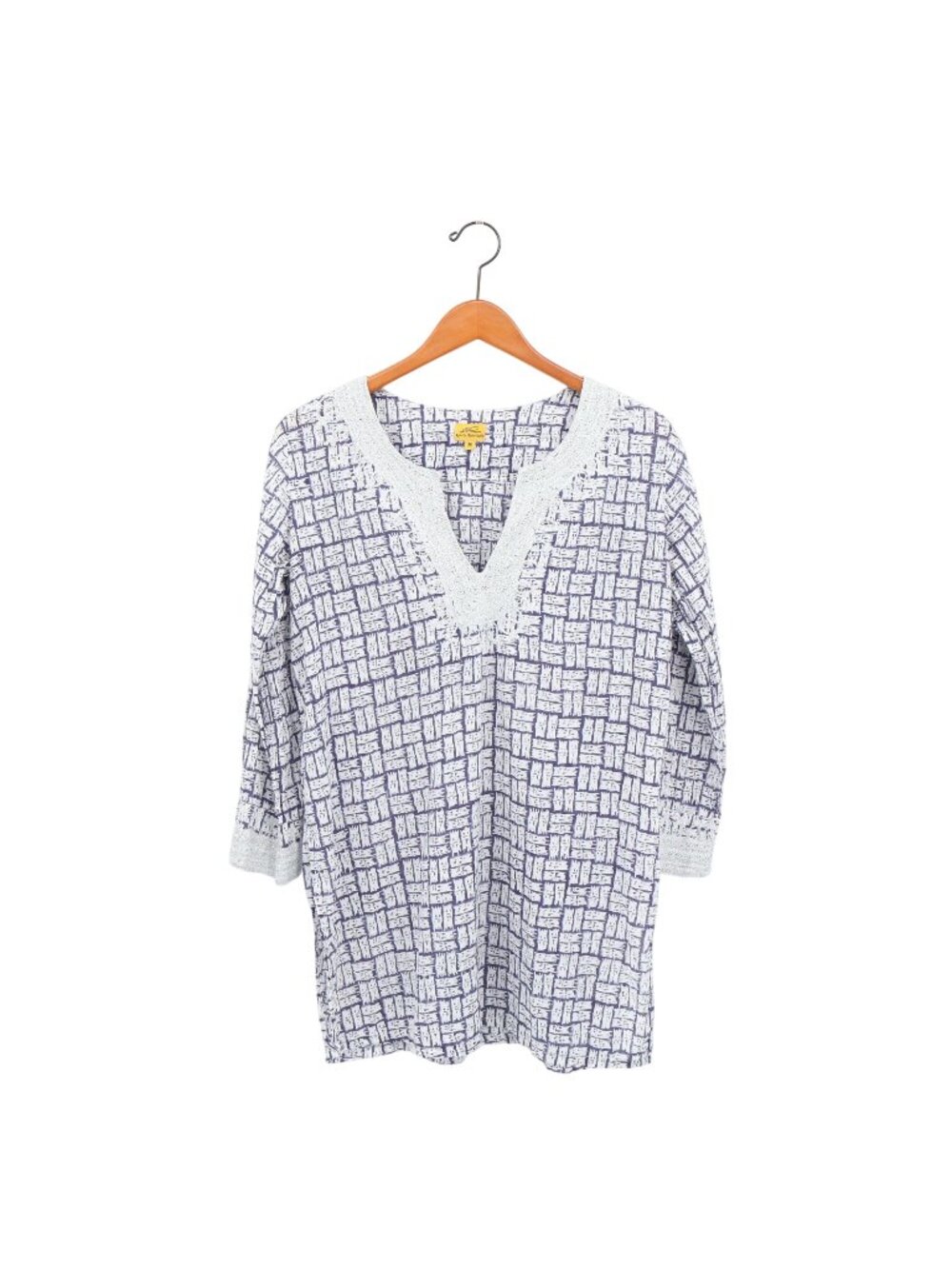 Roberta Roller Rabbit Tunic Top Blue White Print Silver Embroidered V-neck M